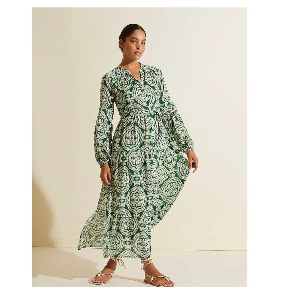 Lemlem by Liya Kebede Green White Geometric Pattern Tiered Maxi Dress Small
